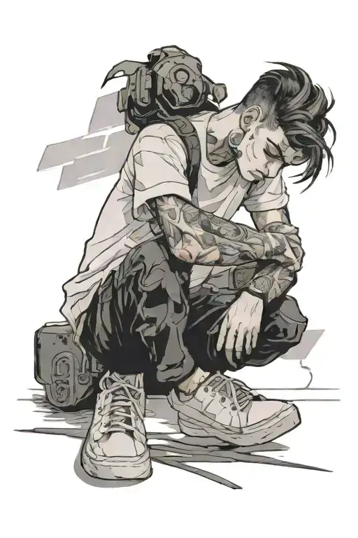 A Boy In Black Cargo Pants And A White T-shirt With Bare Hair And White Shoes Next To One