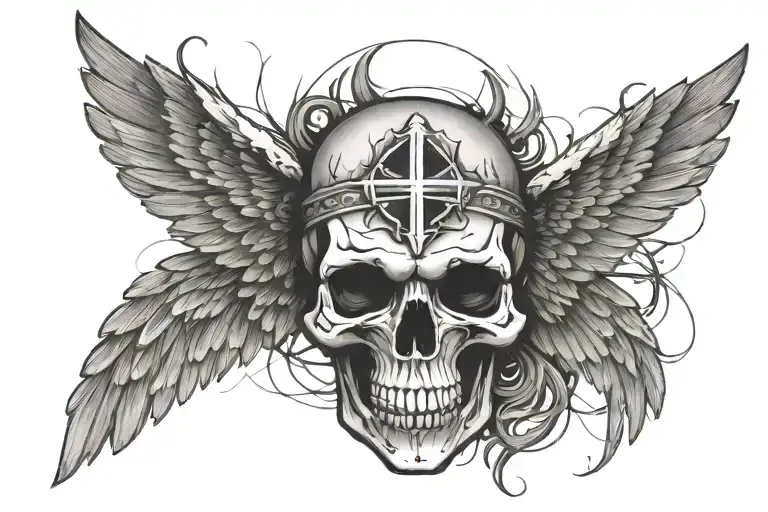 Skull Facing Towartds With A Christian Cross On Forehead With Angelic Wings Spread Wide