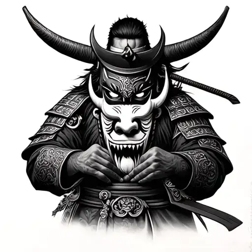 Photo Realistic Ronin Samurai Holding An Oni Mask