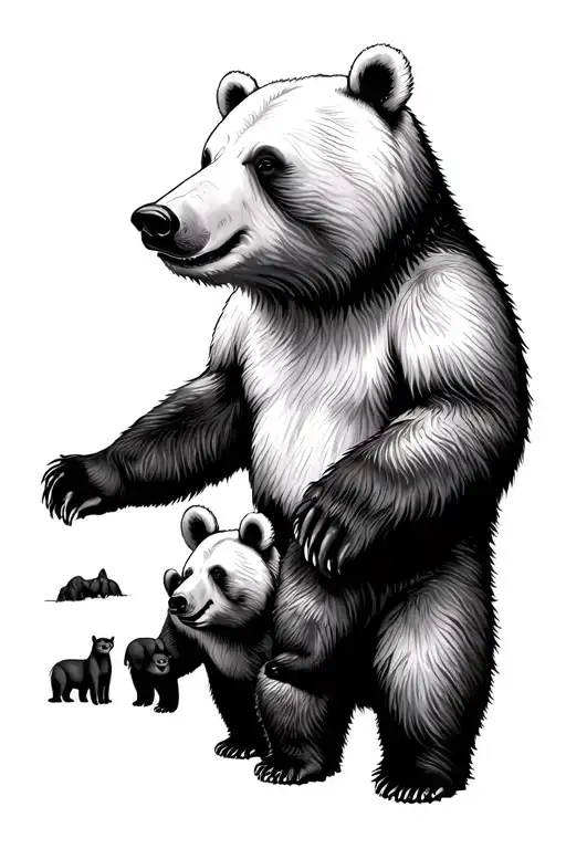 Multiple Bears Black And White Minimalistic 1 Big Bear And 4 Small