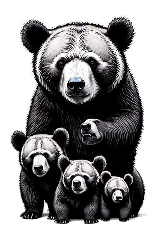 Multiple Bears Black And White Minimalistic 1 Big Bear And 4 Small