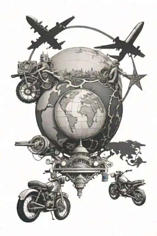 A Globe With Motorbike Wheels And Landmarks From Europe And Australia