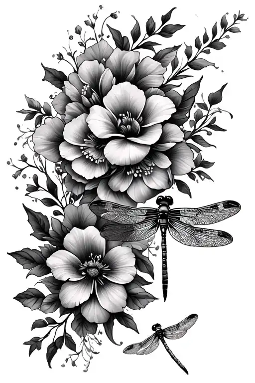 Full Sleeve Design With Flowers And Dragonfly