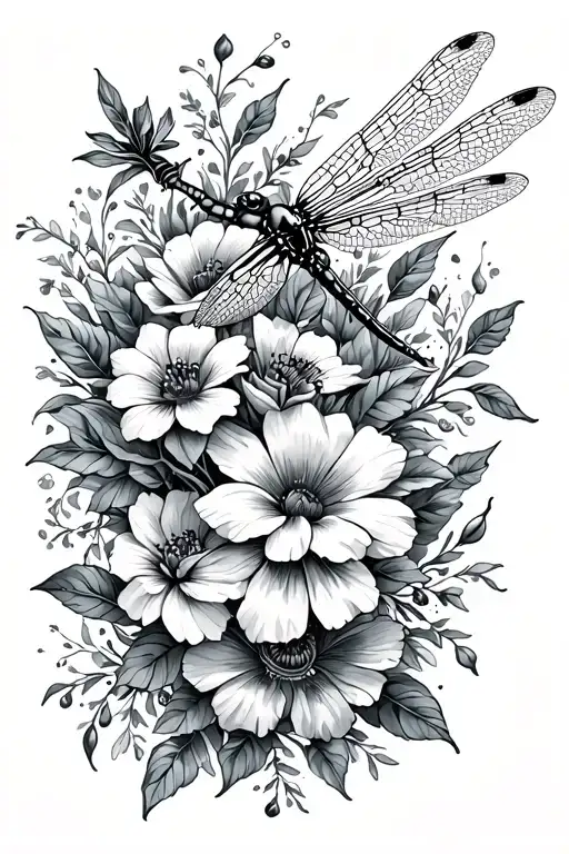 Full Sleeve Design With Different Flowers And Dragonfly
