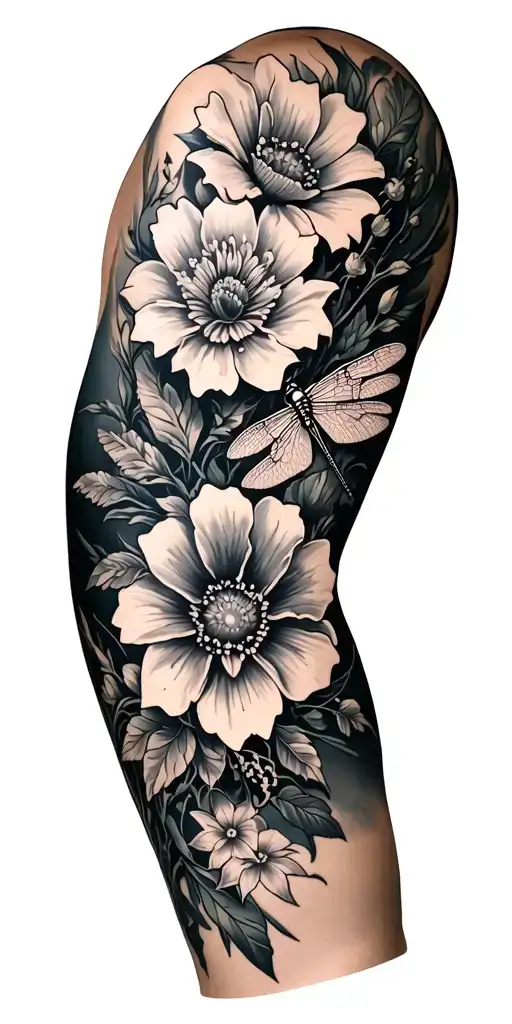 Full Sleeve Design With Different Flowers And Dragonfly
