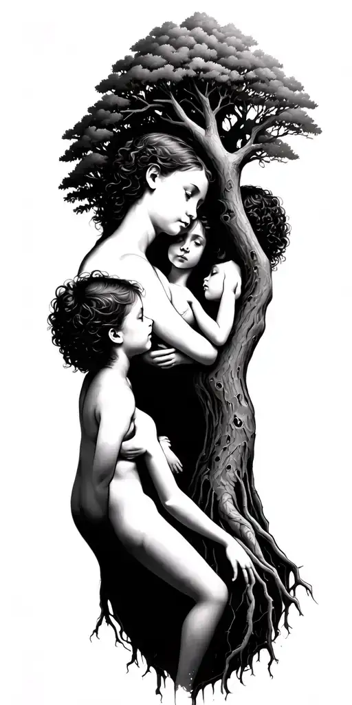 Mother As A Tree And Three Children As Roots Reaching Deep