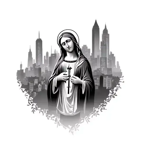 Cross And Virgin Mary With Background Of City Outline