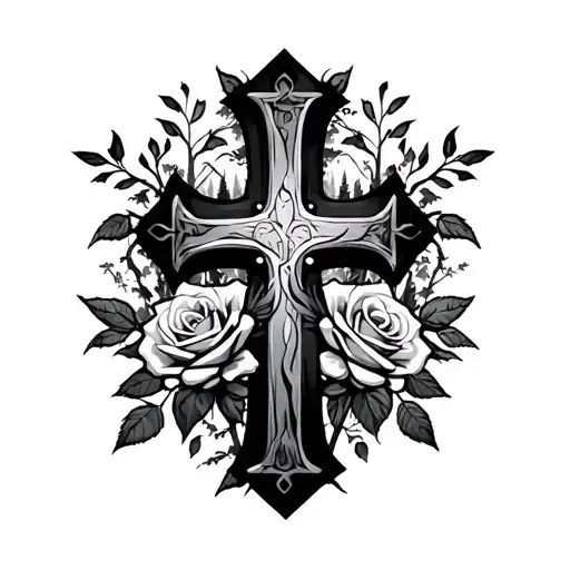 Cross Roses Cross Surrounded By Forest Filled