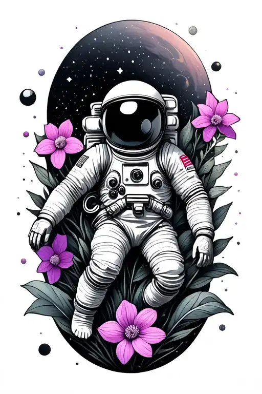 Astronaut Floating In Space With Geometric Shapes Surrounding And Purple Cosmos And Pink Daffodils