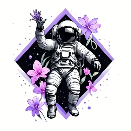 Cosmonaut Reaching In Space With Geometric Shapes With Purple Cosmos And Pink Daffodils