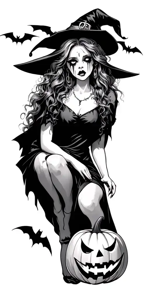 Pretty Witch That Is Crying With Bats And Jack O Lantern