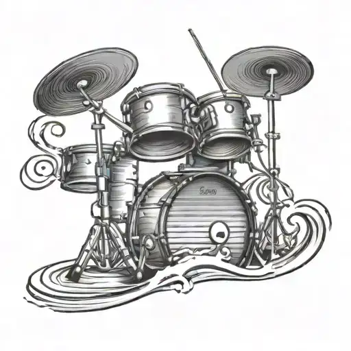 A Tattoo Design Of A Drum Set On A Beach With Waves Crashing In The Background