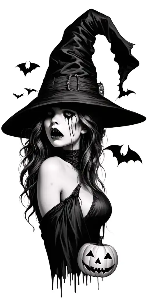 Realistic Pretty Witch That Is Crying With Bats And Jack O Lantern