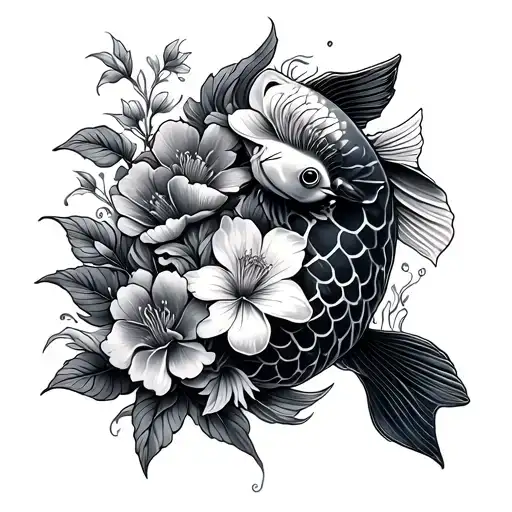 Flowers And Koi Fish