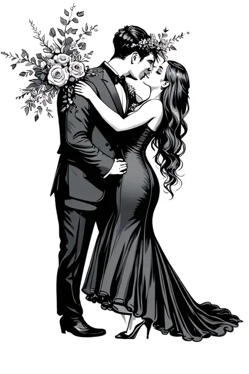 Guy And Girl Dancing Together On Wedding Day Outlined