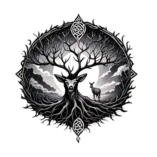 Celtic Style Tree Growing With Roots With Celtic Style Stag And A Night Sky Background