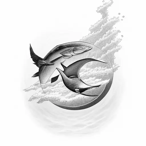 A Black-grey Tattoo Of A Serene Water Scene With A Love Symbol Hidden Within