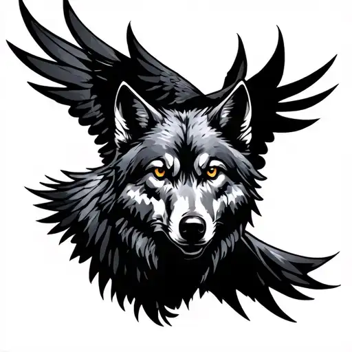 Wolf Face With Raven Flying
