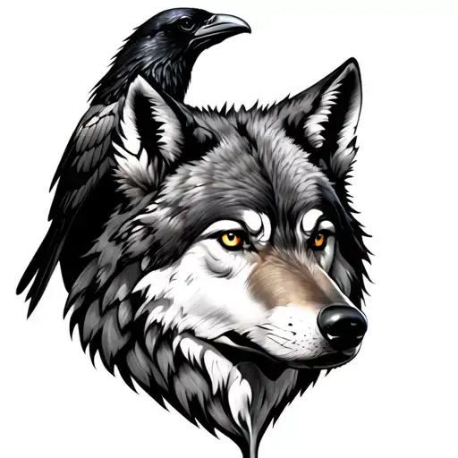 Wolf Face With Raven Perched