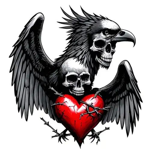 Heart Love Two Skulls Barbed Wire Raven With Outstretched Wings
