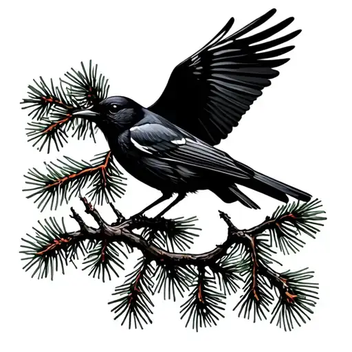 Silhouette Of Blackbird Flying From Pine Tree Branch