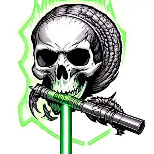 Vicc Rattlehead Mascot With A Green Lightsaber Dangling From The Bottom Of The Skull