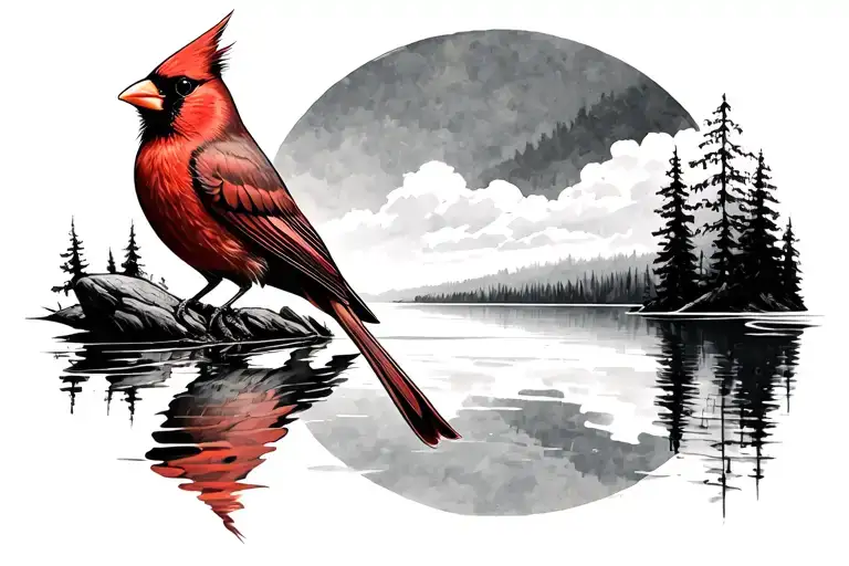 Cardinal By Lake Reflecting