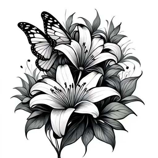 Butterflies Shoulder Tattoo Stencil With Lily Flowers