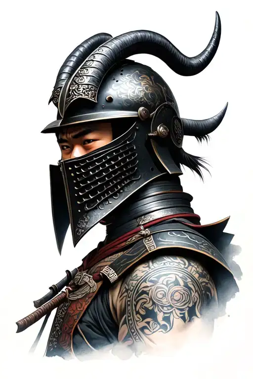 Photo Realistic Ronin Samurai Warrior Wearing A Kabuto Helmet With Mask And Horns