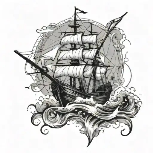Create A Tattoo Of A Small Sailing Ship On Rough Seas With A Compass Using The Same Axes