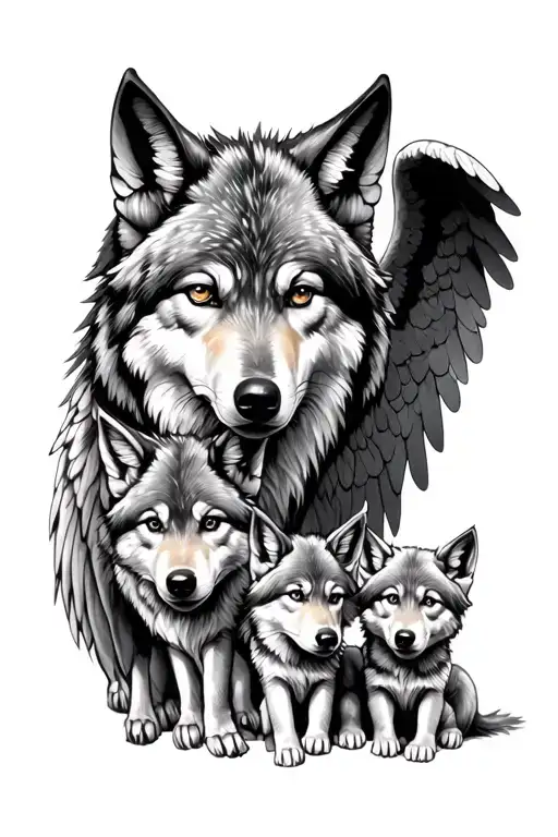 Mother Wolf With Her Two Little Wolves And Her Little Wolf With Angel Wings