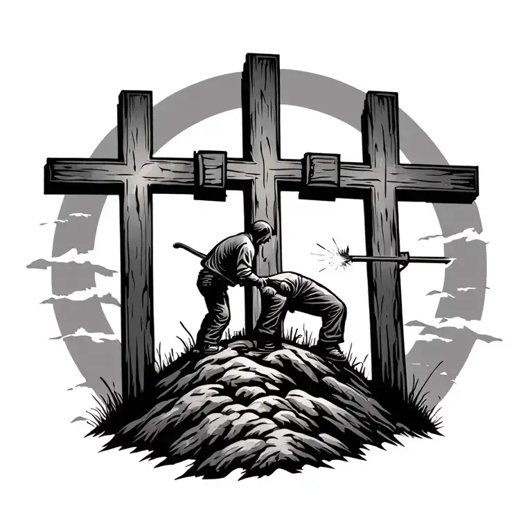 3 Crosses On A Hill With A Guy Welding On The Cross