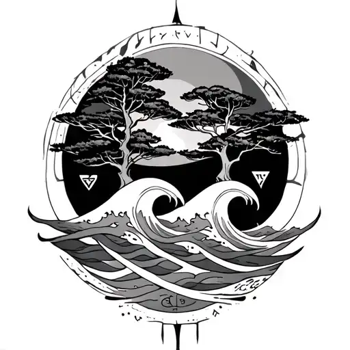 Two Runes Interlaced With A Wave And A Tree