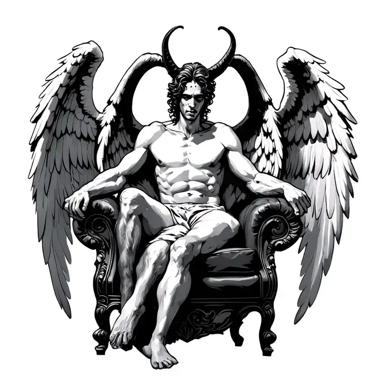 Full Back Angel Wings And Lucifer Sitting In A Chair