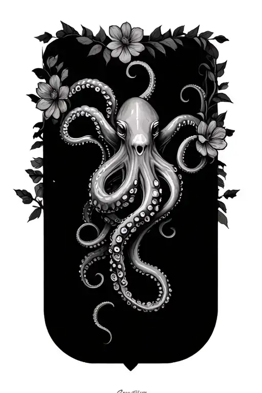 Octopus Fighting Medusa Surrounded With Flowers And Foliage