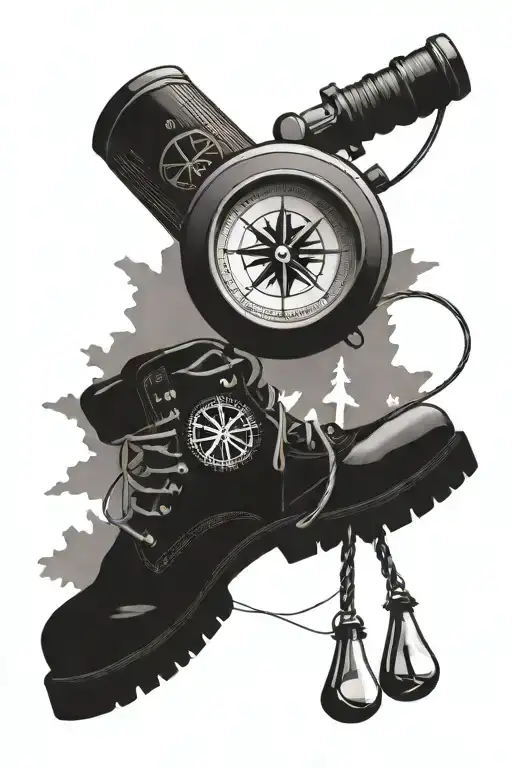 A Black-grey Tattoo Of A Compass Rose Surrounded By Camping Gear And Hiking Boots