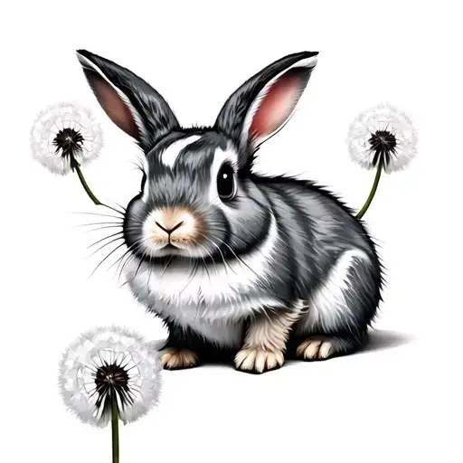 White And Grey Dwarf Rabbit Sitting With Dandelion