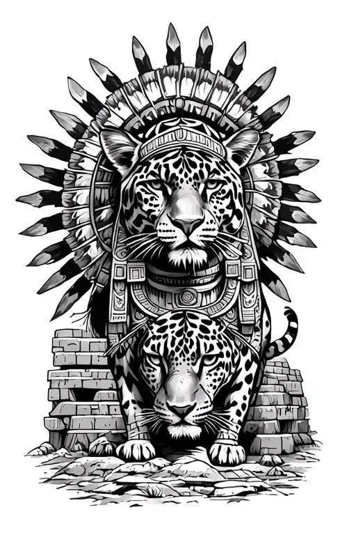 Aztec Warior With Jaguar And Ruins Intertwined
