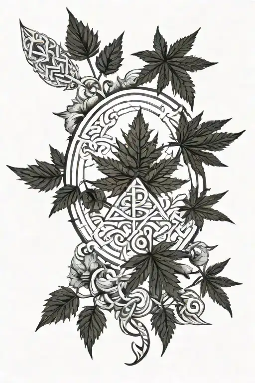 Design A Nature Scene With Cannabis Leaves Morphing Into Viking Runes And Symbols