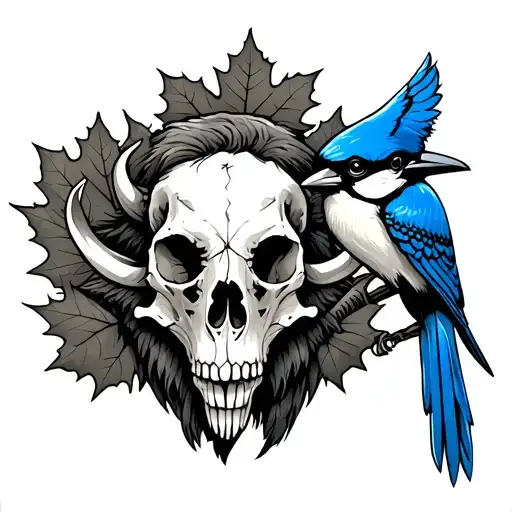Bison Skull And Blue Jay Bird With Maple Leafs