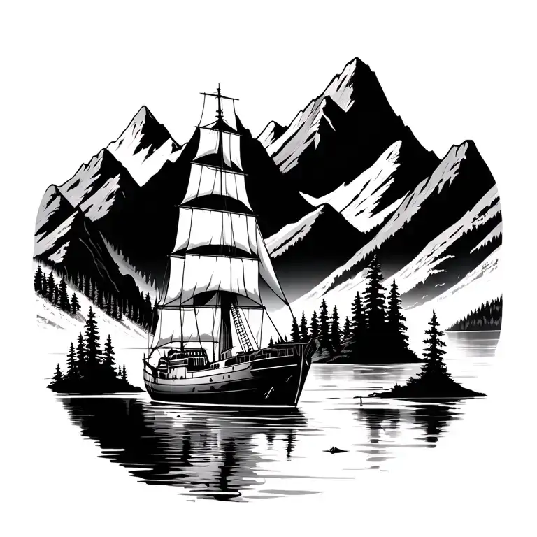 Ship With Mountains Lakes Nature