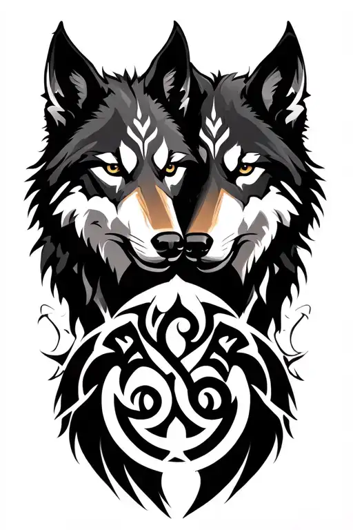 Two Tribal Wolves With Triskelion Design Incorporating Elements