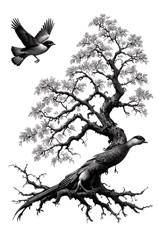 Poison Tree Below Two Sparrows Flying On Forearm