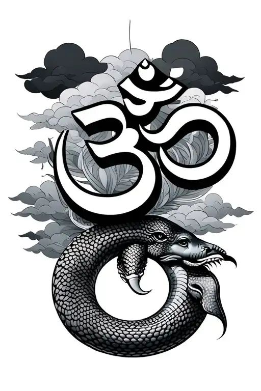 Om Symbol With Snake And Elephant With Clouds With Black And Grey