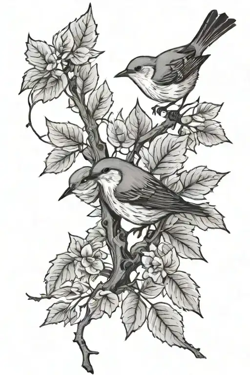 One Limb With A Couple Twigs And Some Withered And Fresh Leaves And One Tiny Bird