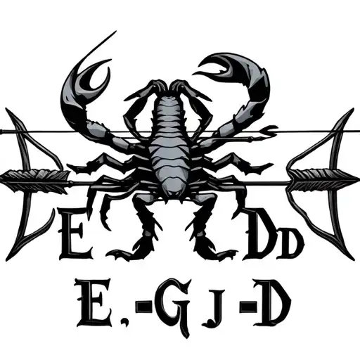 A Bow And Arrow On Each Side Of The Initials E J G D In Old English With A Scorpio Sitting On Top