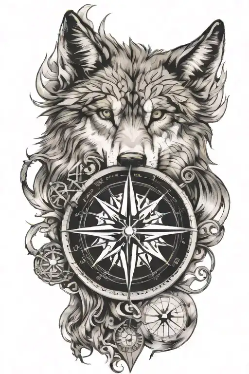 Compass Above Wolf Face With Yddrasil Intertwined Below