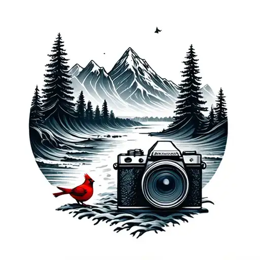 Winter Mountain With Beach Waves And A Cardinal And Camera