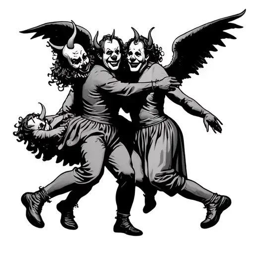 2 Clowns Dancing One Devil One Angel Wings
