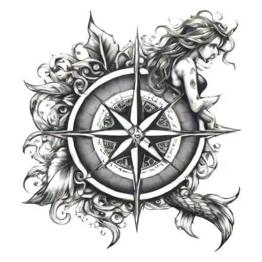 A Detailed Compass Rose Design With A Woman Mermaid